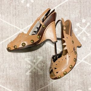 BCBG Max Azria Tan Leather Wedge Sandals